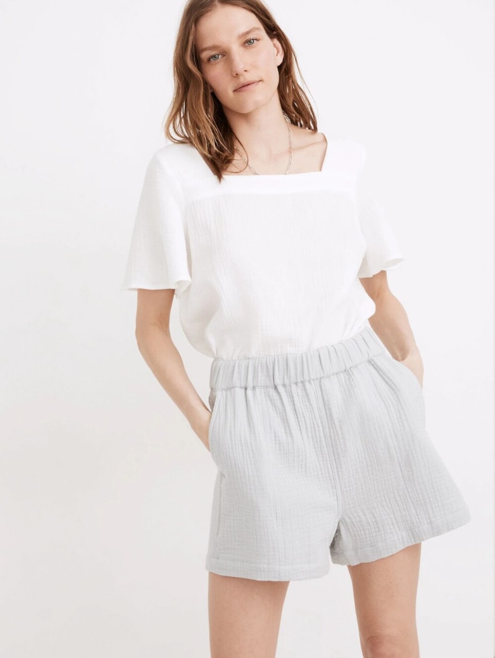 Madewell Easy Pull-On Shorts Cotton Gauze XXS Light Blue Gray Breathable Relaxed